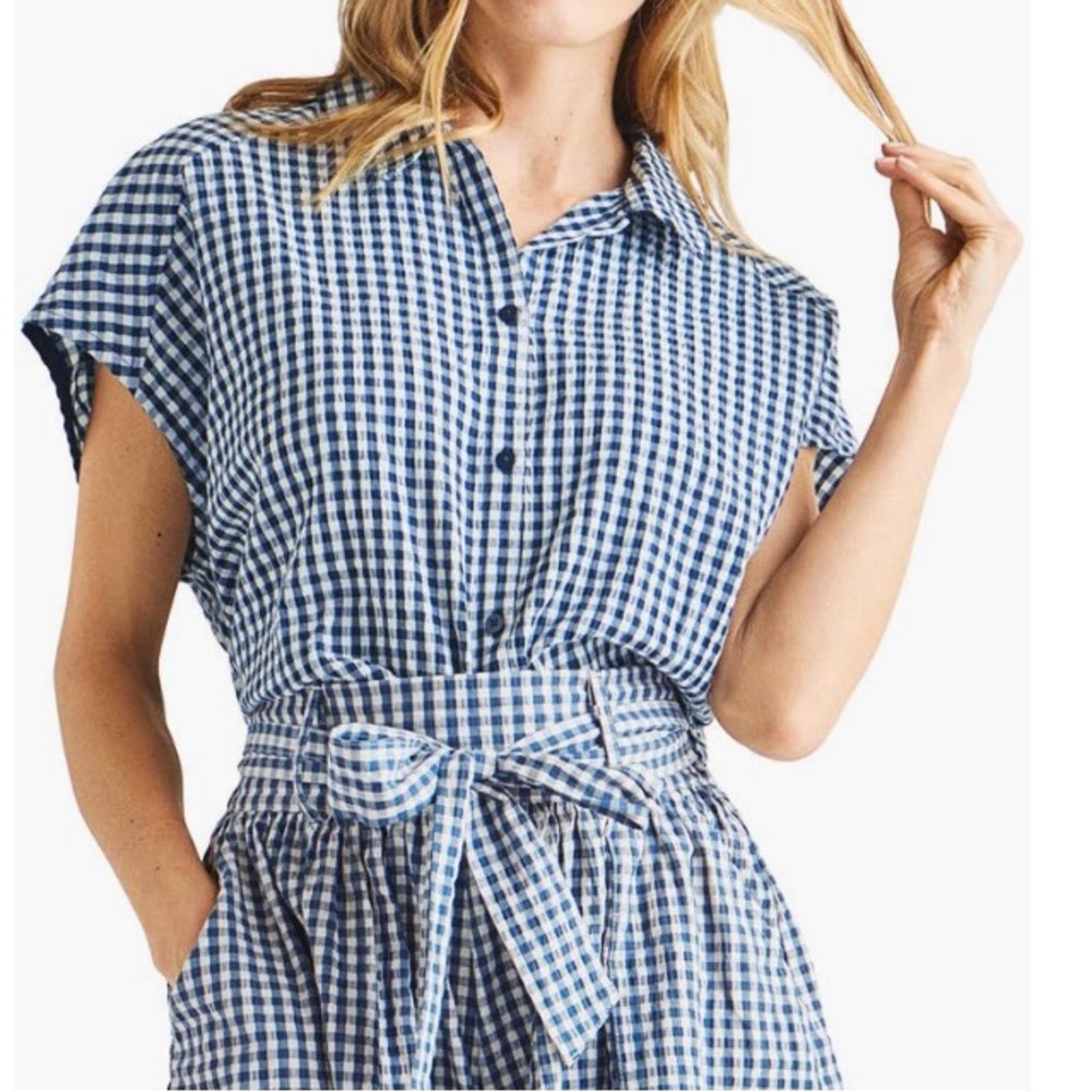 Splendid Gabrielle Gingham Button-Up Shirt ✨ Navy + White Size Medium